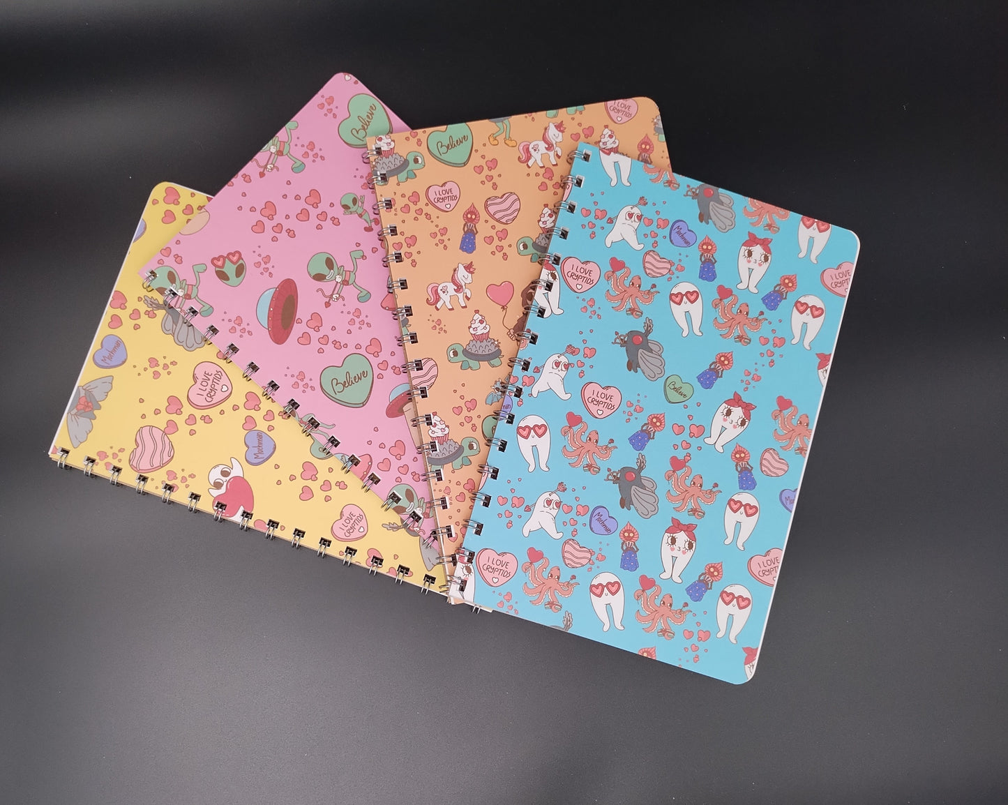 Pink  Blue Yellow Orange Cryptid Blank 4 Notebook Set 5.375"x 8.5" Spiral