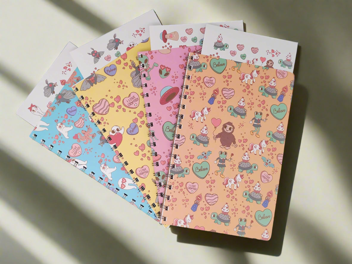 Pink  Blue Yellow Orange Cryptid Blank 4 Notebook Set 5.375"x 8.5" Spiral