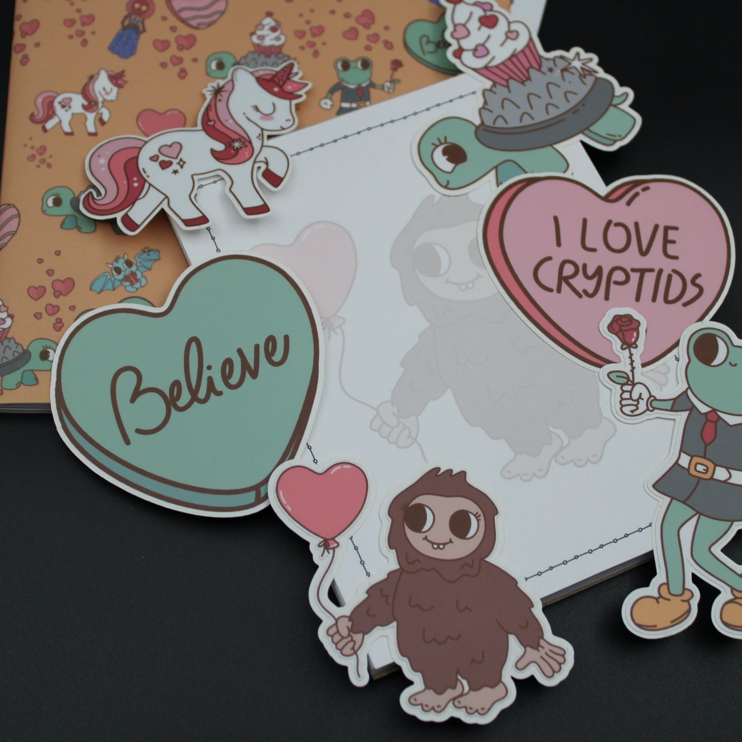 Bigfoot Braxie Unicorn Cryptid Orange Stapled Notebook Notepad Stickers Valentine Gift Set