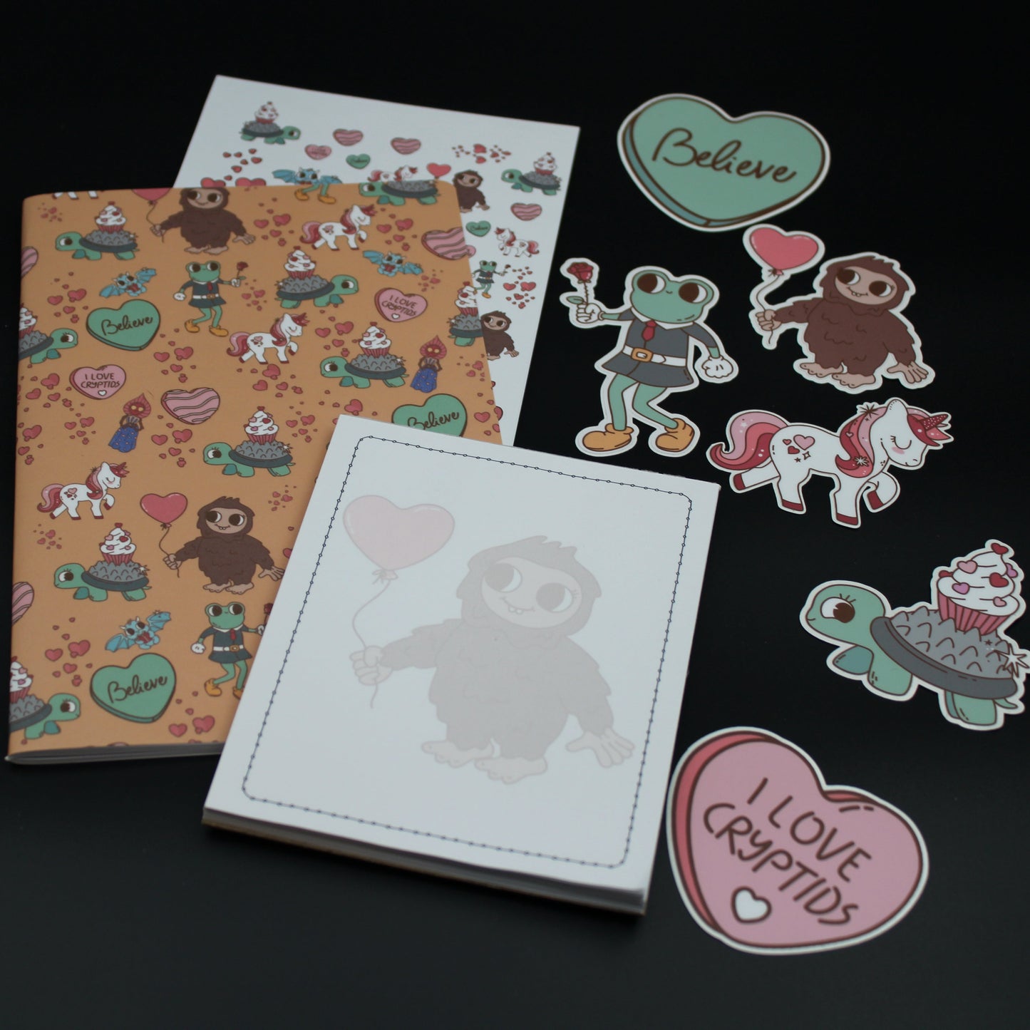 Bigfoot Braxie Unicorn Cryptid Orange Stapled Notebook Notepad Stickers Valentine Gift Set