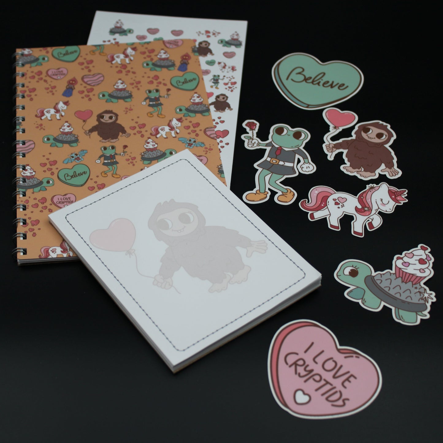 Bigfoot Braxie Unicorn Cryptid Orange Spiral Notebook Notepad Stickers Valentine Gift Set