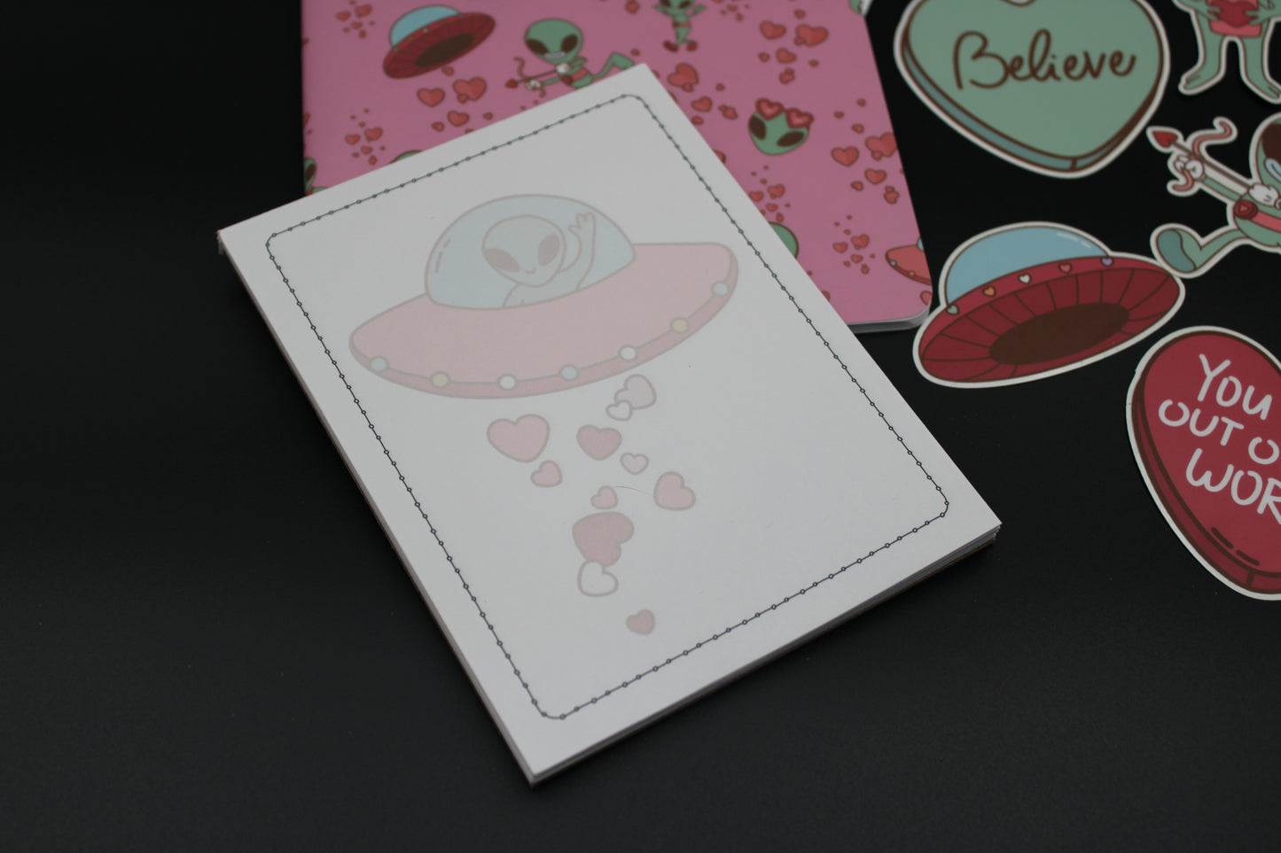 Alien UFO Pink Stapled Notebook Notepad Stickers Valentine Gift Set