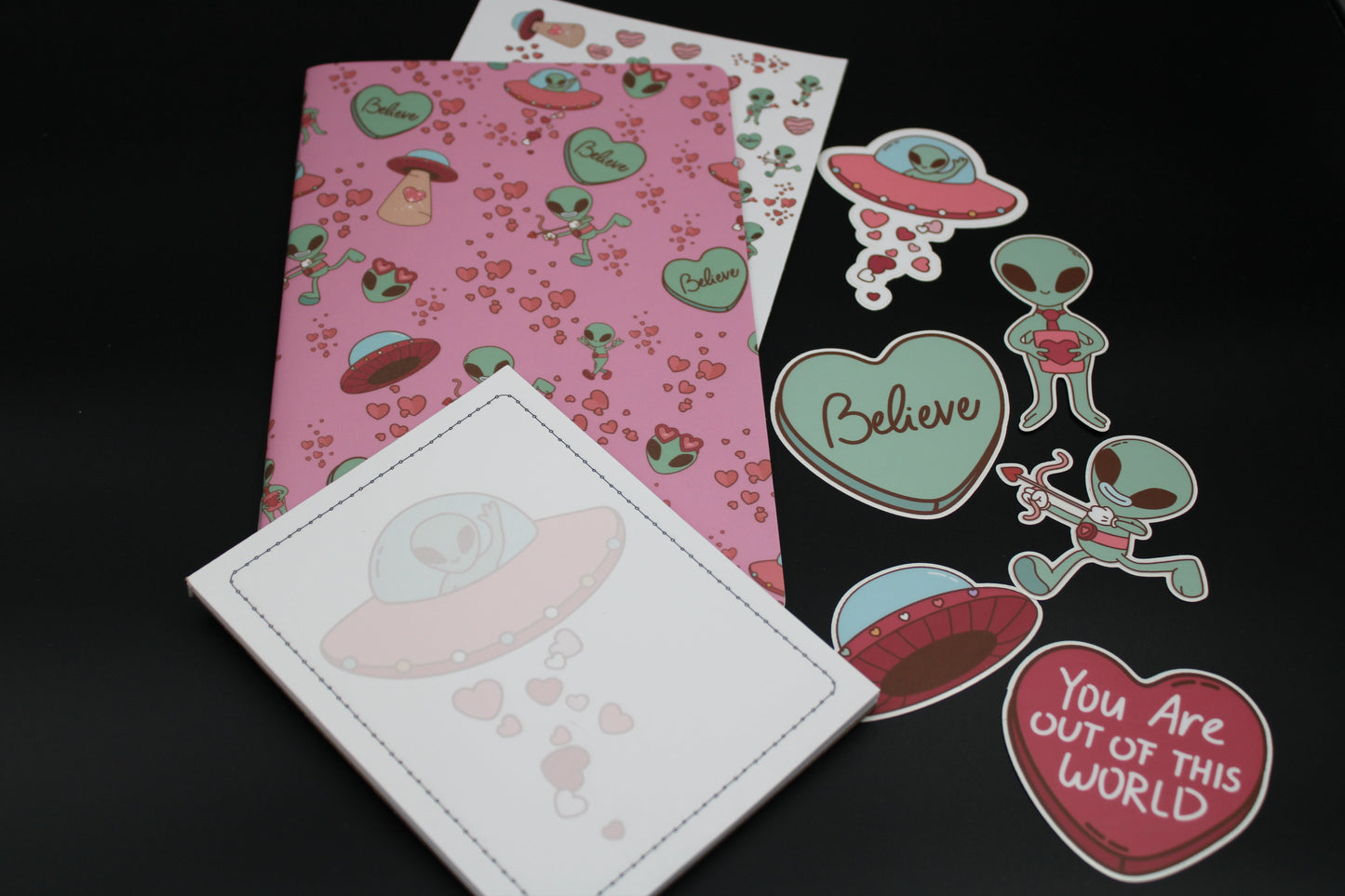 Alien UFO Pink Stapled Notebook Notepad Stickers Valentine Gift Set