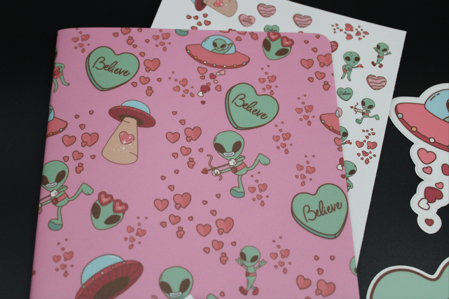 Alien UFO Pink Stapled Notebook Notepad Stickers Valentine Gift Set