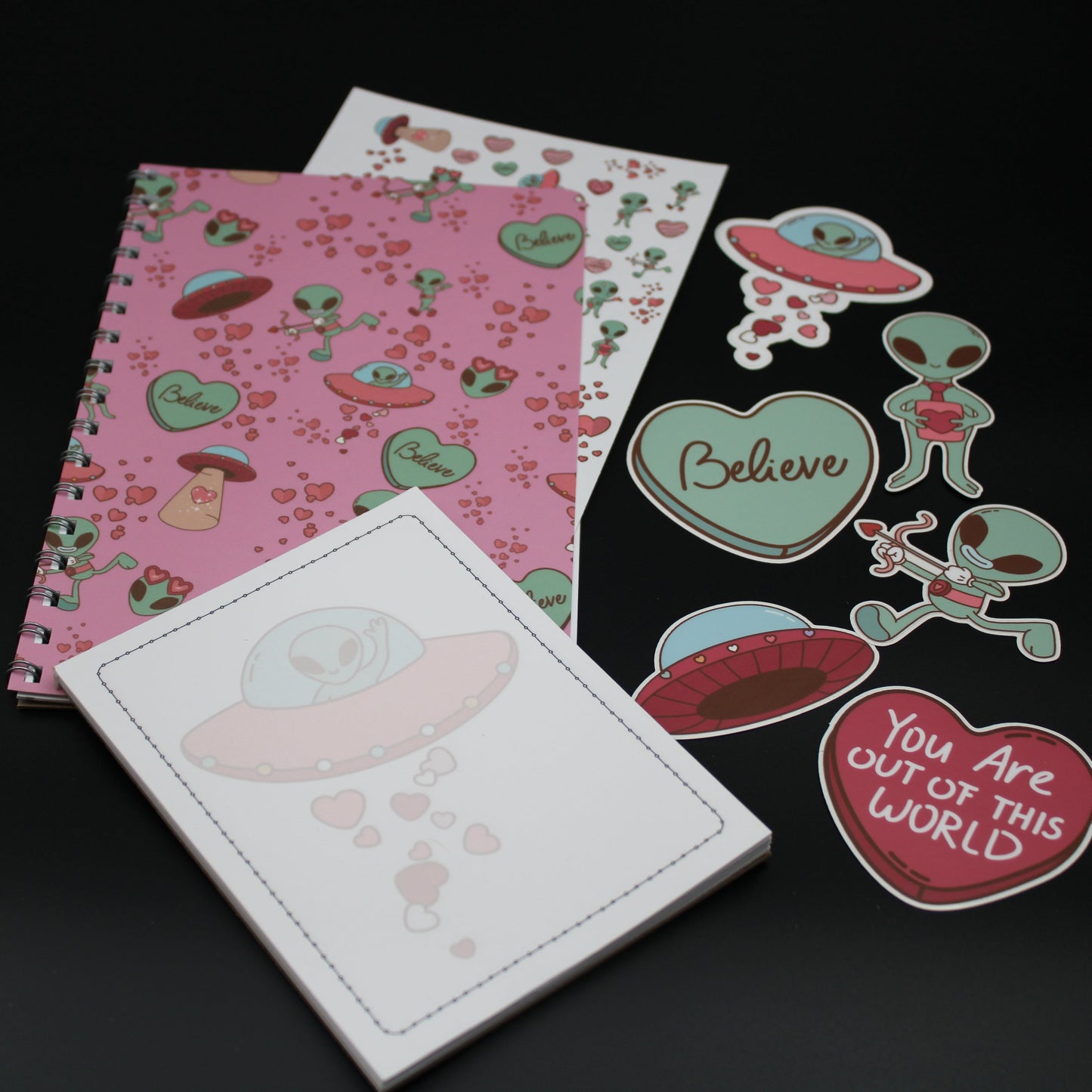 Alien UFO Pink Spiral Notebook Notepad Stickers Valentine Gift Set