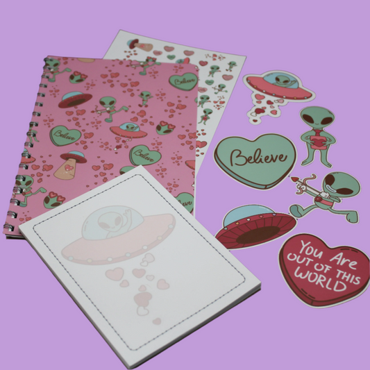 Alien UFO Pink Spiral Notebook Notepad Stickers Valentine Gift Set