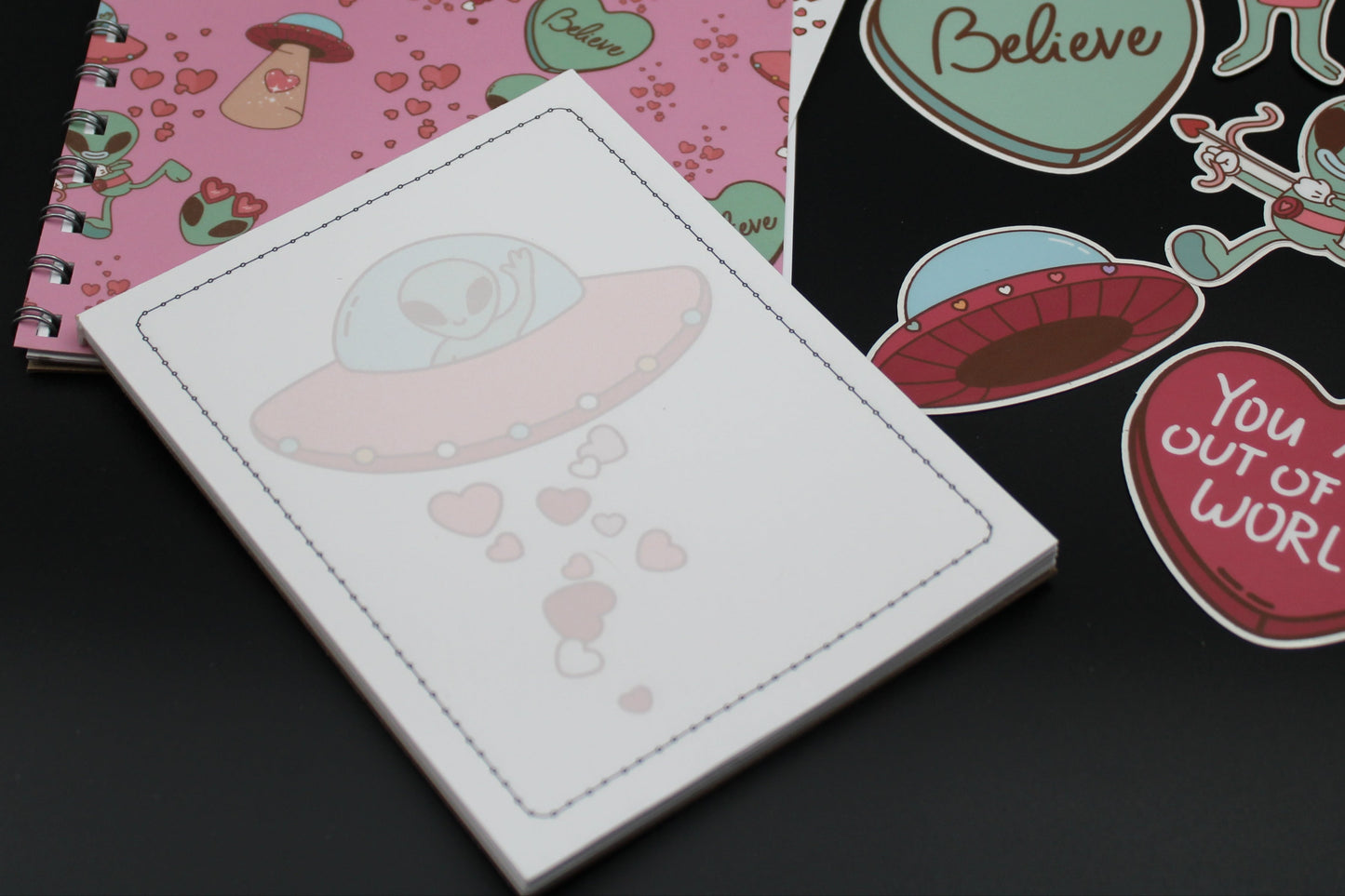 Alien UFO Pink Spiral Notebook Notepad Stickers Valentine Gift Set