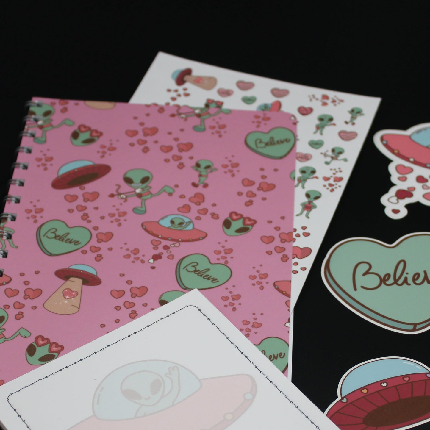 Alien UFO Pink Spiral Notebook Notepad Stickers Valentine Gift Set