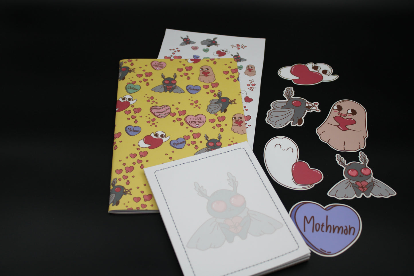 Mothman Ghost Ghoul Yellow Stapled Notebook Notepad Stickers Valentine Gift Set