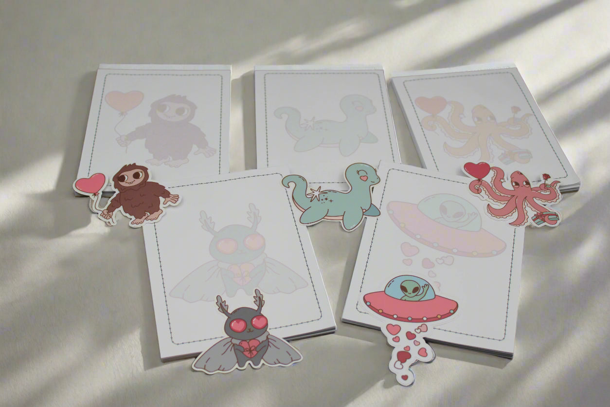 Cute Alien Nessie Kraken Bigfoot Mothman 5 Notepad Vinyl Sticker Gift Set 4.25" x 5.25"