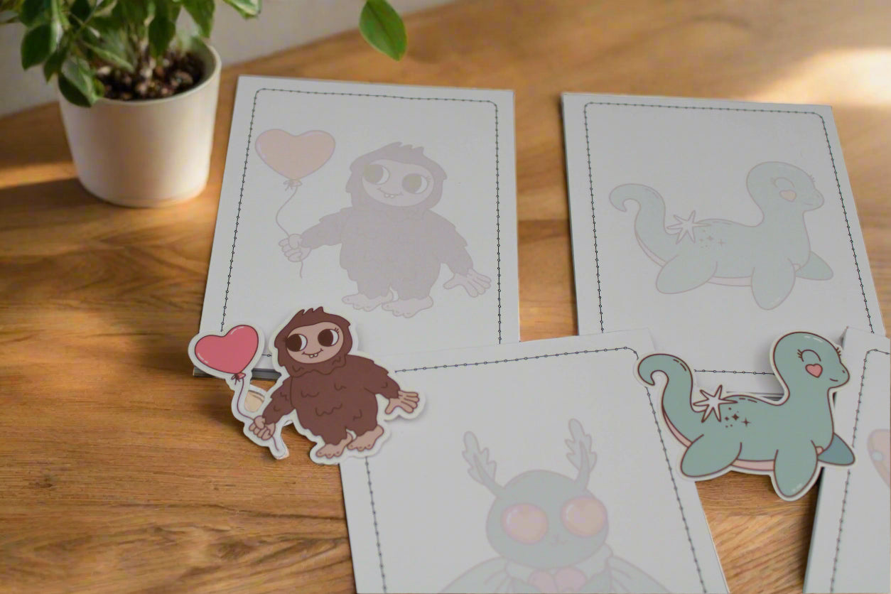 Cute Alien Nessie Kraken Bigfoot Mothman 5 Notepad Vinyl Sticker Gift Set 4.25" x 5.25"