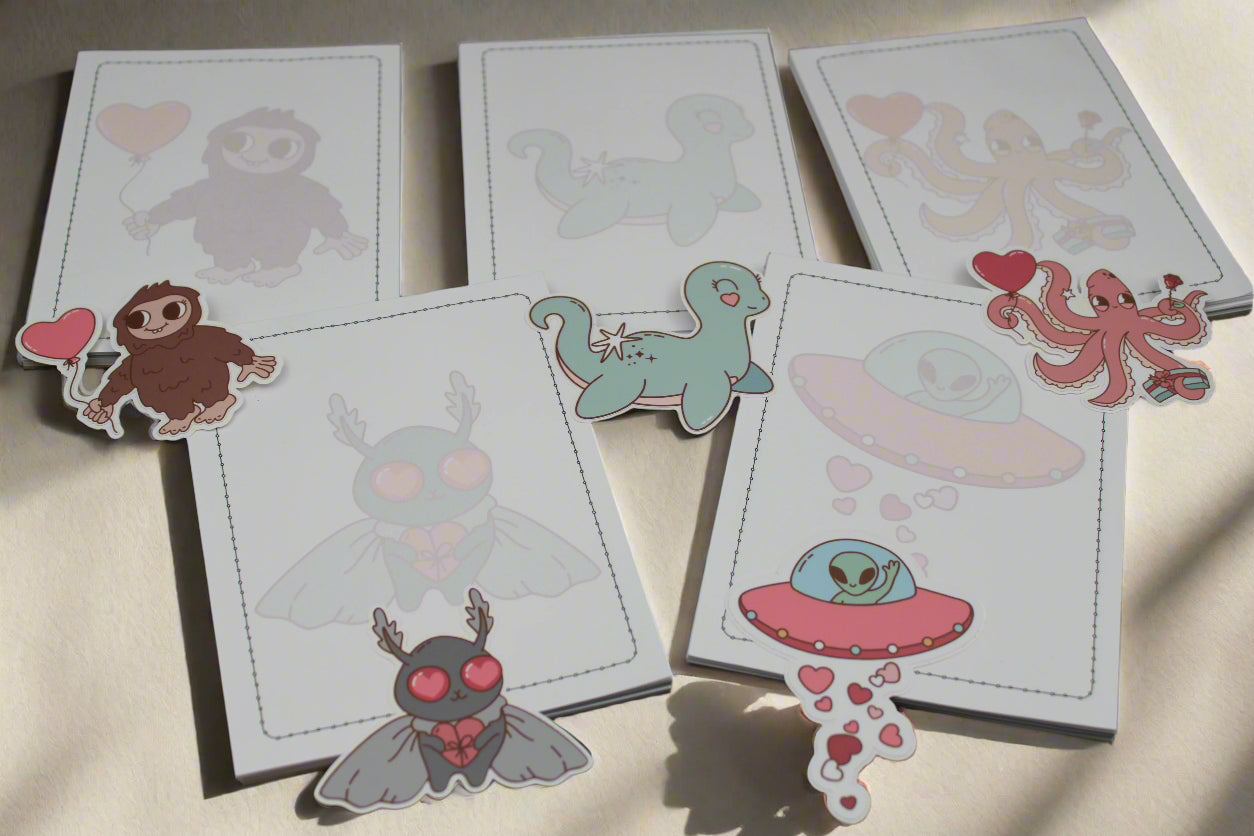 Cute Alien Nessie Kraken Bigfoot Mothman 5 Notepad Vinyl Sticker Gift Set 4.25" x 5.25"