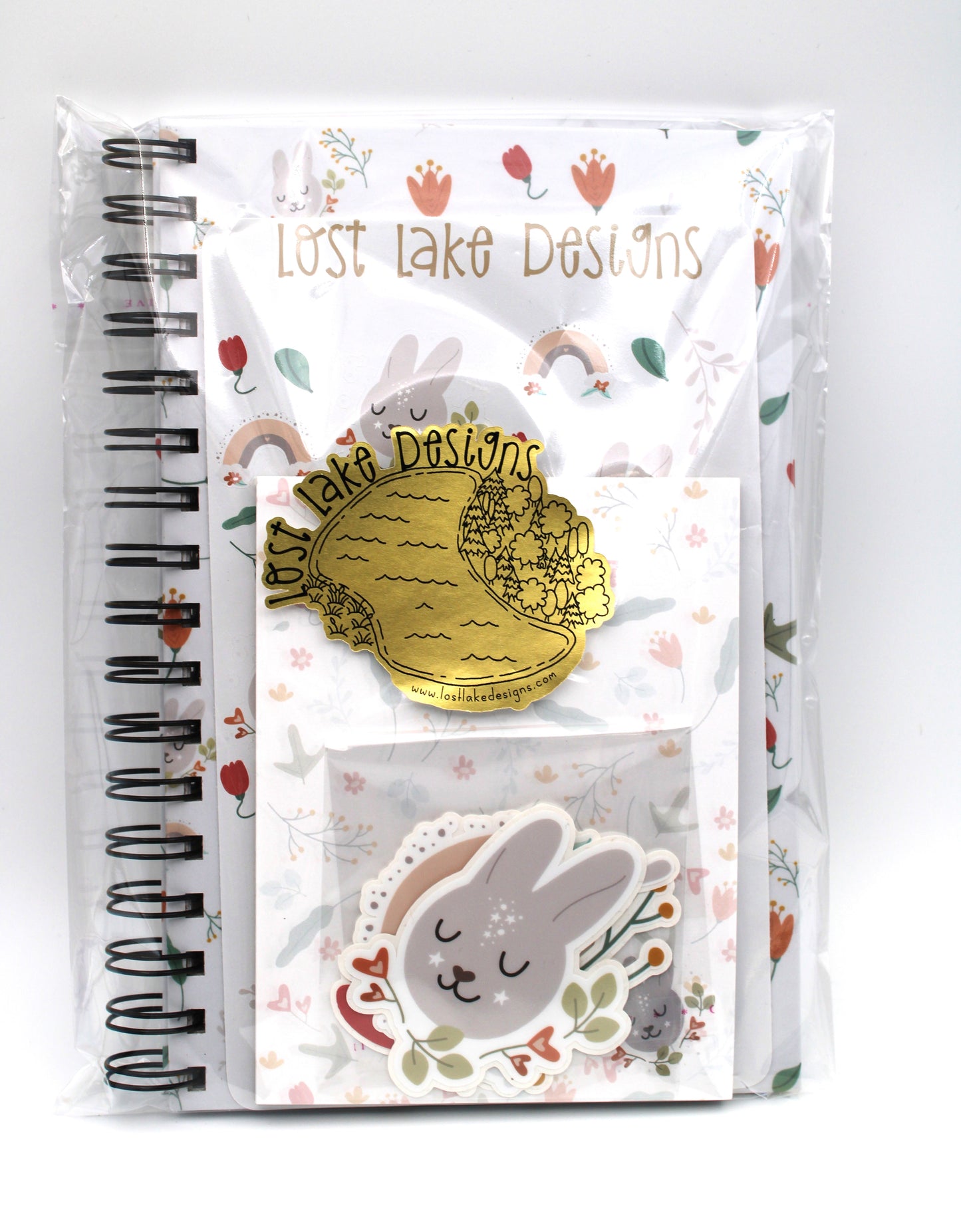 Floral Bunny Hardcover Notebook Set with Notepad and Vinyl Stickers