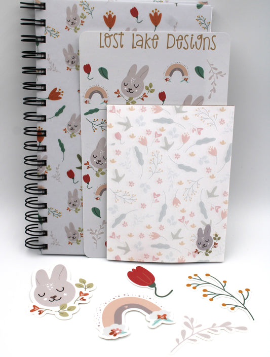 Floral Bunny Hardcover Notebook Set with Notepad and Vinyl Stickers